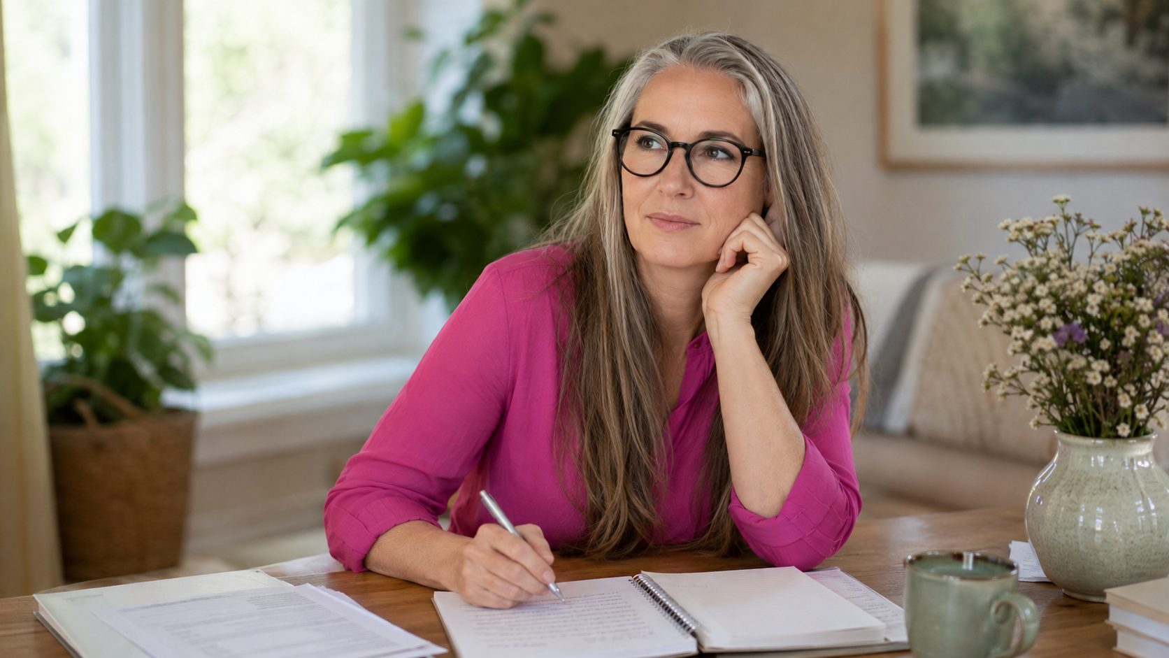 Elke Brunnhuber sitzt nachdenklich mit Notizbuch an einem Tisch – Symbolbild für Mental Load und unsichtbare Verantwortung im Alltag.