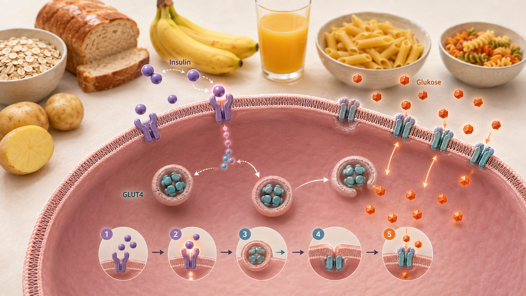 Infografik zur Insulinwirkung an einer Muskelzelle: Insulin bindet an den Rezeptor, GLUT4-Transporter werden in die Zellmembran eingebaut und Glukose gelangt in die Zelle. Im Hintergrund sind kohlenhydratreiche Lebensmittel zu sehen.