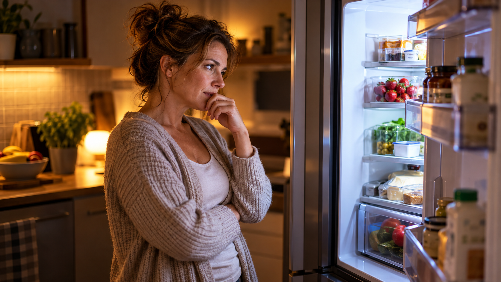 Frau steht abends nachdenklich vor dem geöffneten Kühlschrank – eine typische Alltagssituation bei Heißhunger am Abend.